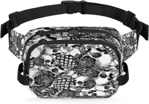 Skull Art Fanny Packs for Women Men Fashion Waist Packs Belt Bag Water-resistant Crossbody Bag Black White Waist Pouch Waist Pack Hip Bum Bag for Hiking Casual Travel Cycling