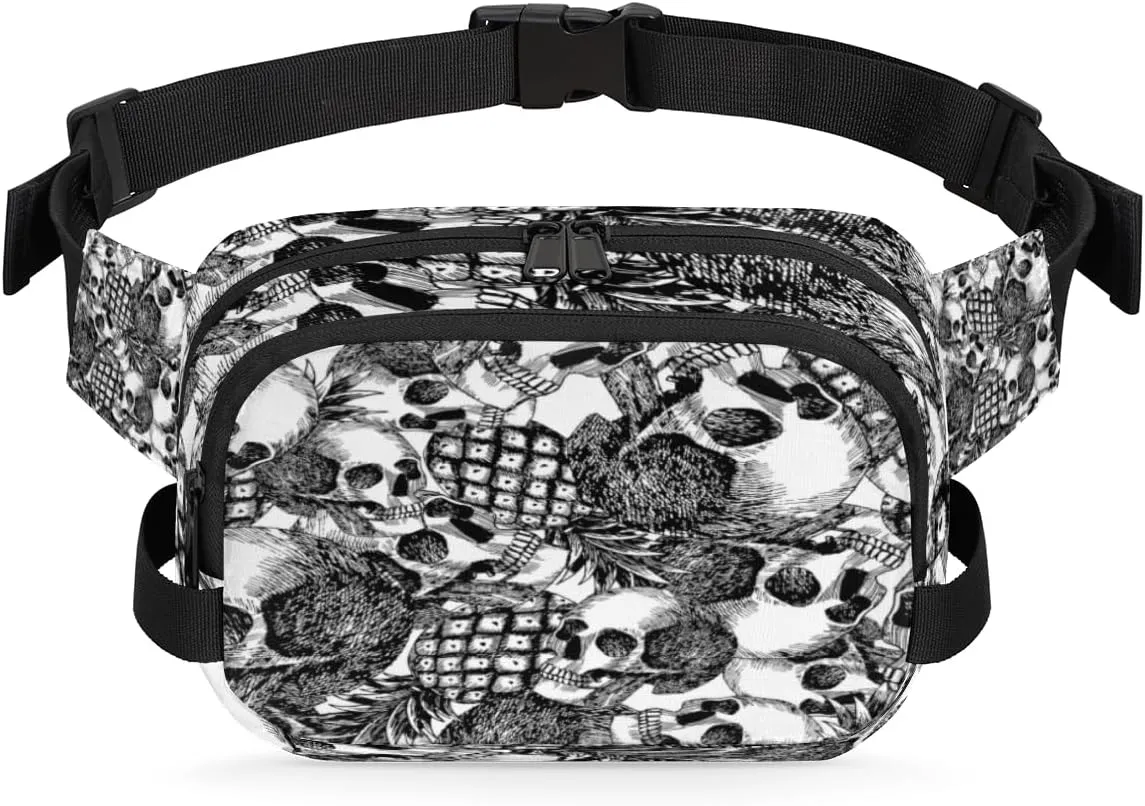 Skull Art Fanny Packs for Women Men Fashion Waist Packs Belt Bag Water-resistant Crossbody Bag Black White Waist Pouch Waist Pack Hip Bum Bag for Hiking Casual Travel Cycling