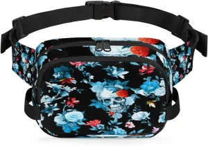 Skull Flower Blue Fanny Pack Crossbody Bags for Women Men Waist Packs Hip Bum Bag Cross Body Fanny Pack with Adjustable Strap for Running Hiking Travel