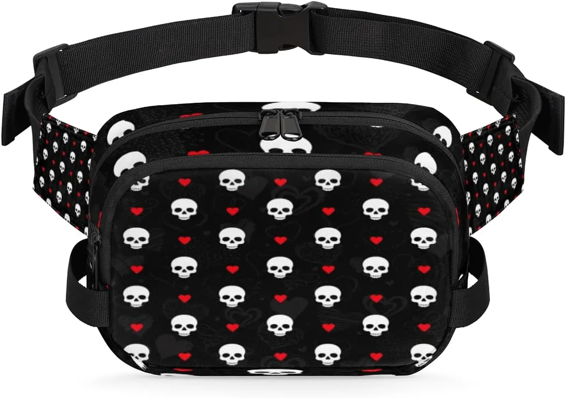 Skull Heart Pattern Fanny Packs for Women Men Fashion Waist Packs Belt Bag Water-resistant Crossbody Bag Waist Pouch Waist Pack Hip Bum Bag for Hiking Casual Travel Cycling