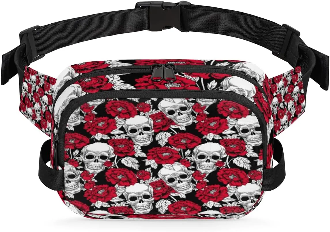 Skull Rose Funny Fanny Pack Crossbody Bags for Women Men Waist Packs Hip Bum Bag Cross Body Fanny Pack with Adjustable Strap for Running Hiking Travel