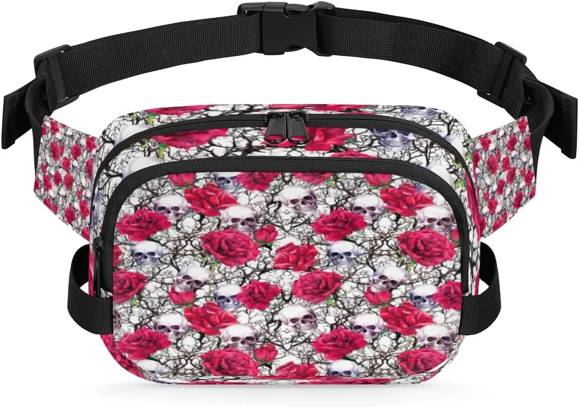 Skull Rose Red Funny Fanny Pack Crossbody Bags for Women Men Waist Packs Hip Bum Bag Cross Body Fanny Pack with Adjustable Strap for Running Hiking Travel