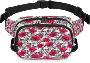 Skull Rose Red Funny Fanny Pack Crossbody Bags for Women Men Waist Packs Hip Bum Bag Cross Body Fanny Pack with Adjustable Strap for Running Hiking Travel