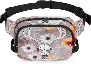 Skulls Deer, Floral Fanny Pack Crossbody Bags for Women Men Waist Packs Hip Bum Bag Cross Body Fanny Pack with Adjustable Strap for Running Hiking Travel