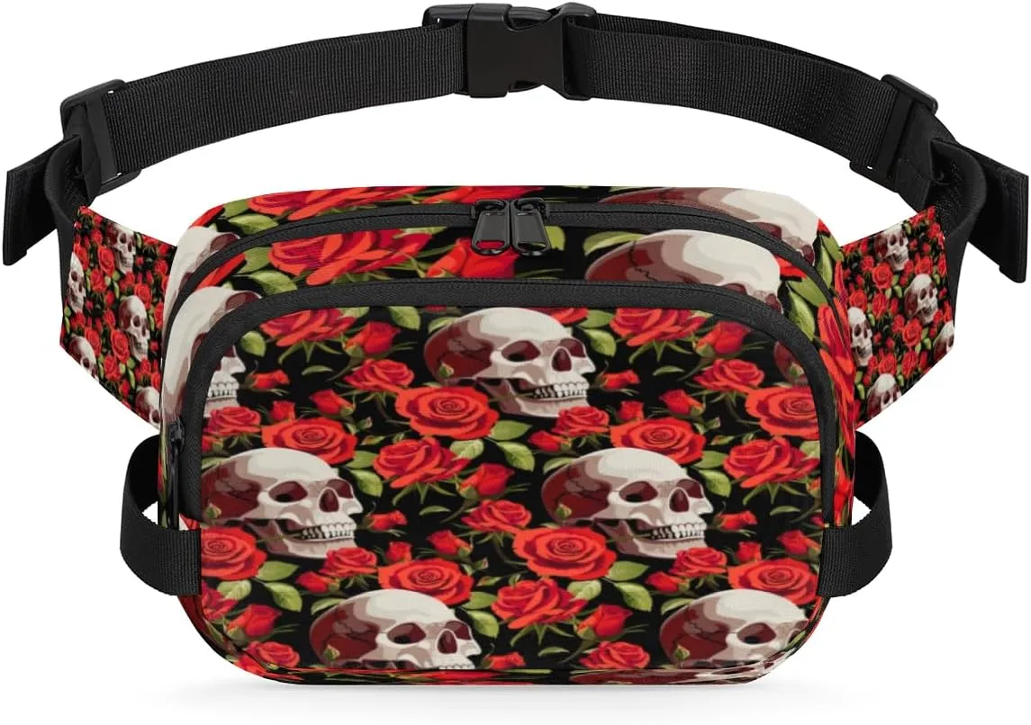 Skulls Red Roses Aesthetic Fanny Packs for Women Men Fashion Waist Packs Belt Bag Water-resistant Crossbody Bag Waist Pouch Waist Pack Hip Bum Bag for Hiking Casual Travel Cycling