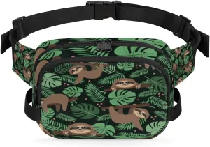 Sloth Cute Fanny Packs for Women Men Fashion Waist Packs Belt Bag Water-resistant Crossbody Bag Green Leaf Waist Pouch Waist Pack Hip Bum Bag for Hiking Casual Travel Cycling