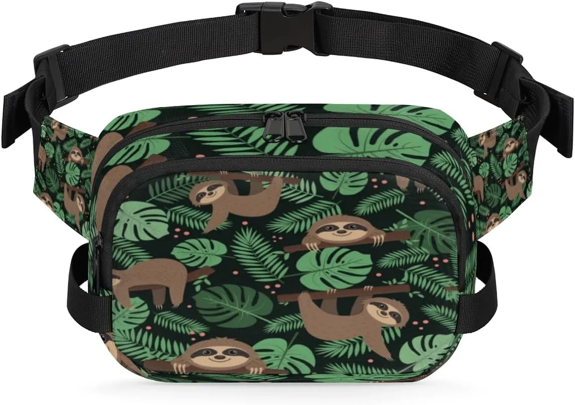 Sloth Cute Fanny Packs for Women Men Fashion Waist Packs Belt Bag Water-resistant Crossbody Bag Green Leaf Waist Pouch Waist Pack Hip Bum Bag for Hiking Casual Travel Cycling