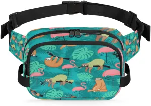 Sloth Flamingo Cute Fanny Packs for Women Men Fashion Waist Packs Belt Bag Water-resistant Crossbody Bag Green Pink Waist Pouch Waist Pack Hip Bum Bag for Hiking Casual Travel Cycling