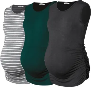 Smallshow Women's Sleeveless Maternity Tank Tops Ruched Pregnancy Clothes 3-Pack