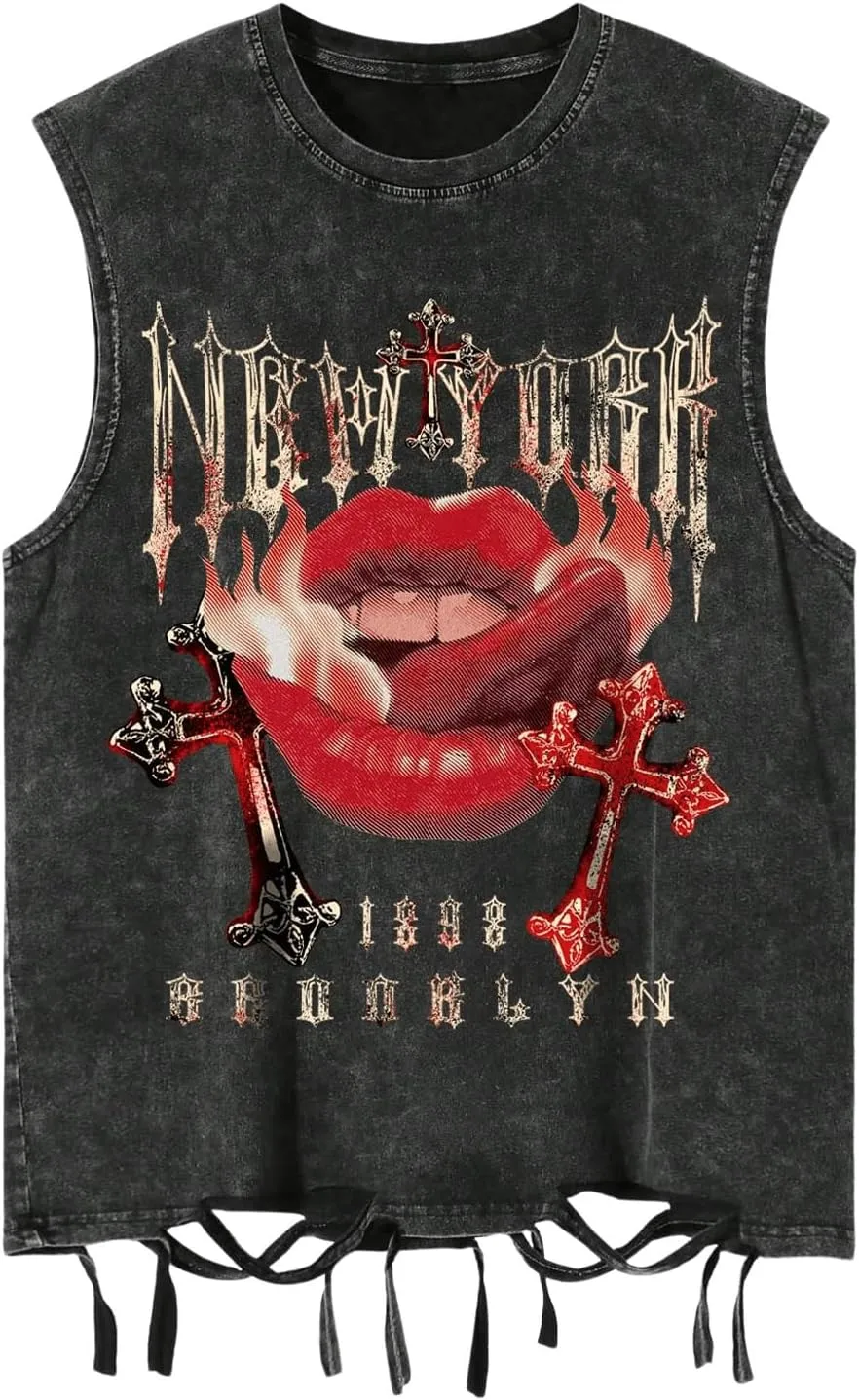 SOLY HUX Men's Summer Gothic Tank Top Graphic Print Distressed Sleeveless Shirts Vintage Hip-hop Vest