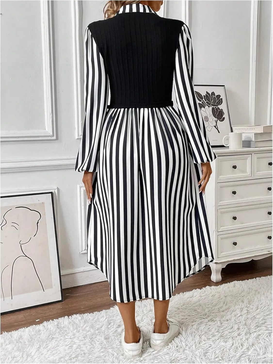 SOLY HUX Women's Button Down Striped Shirt Dress Long Sleeve Midi Dresses with Tank Top