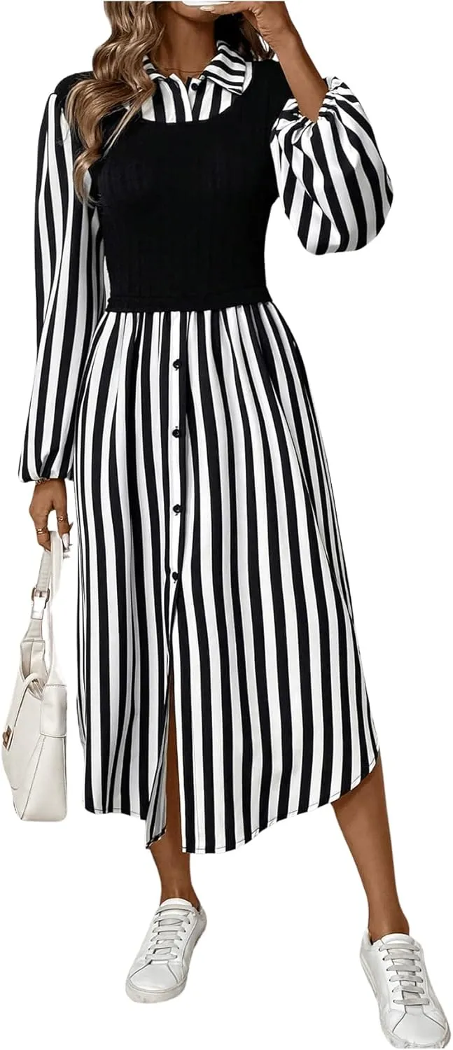 SOLY HUX Women's Button Down Striped Shirt Dress Long Sleeve Midi Dresses with Tank Top