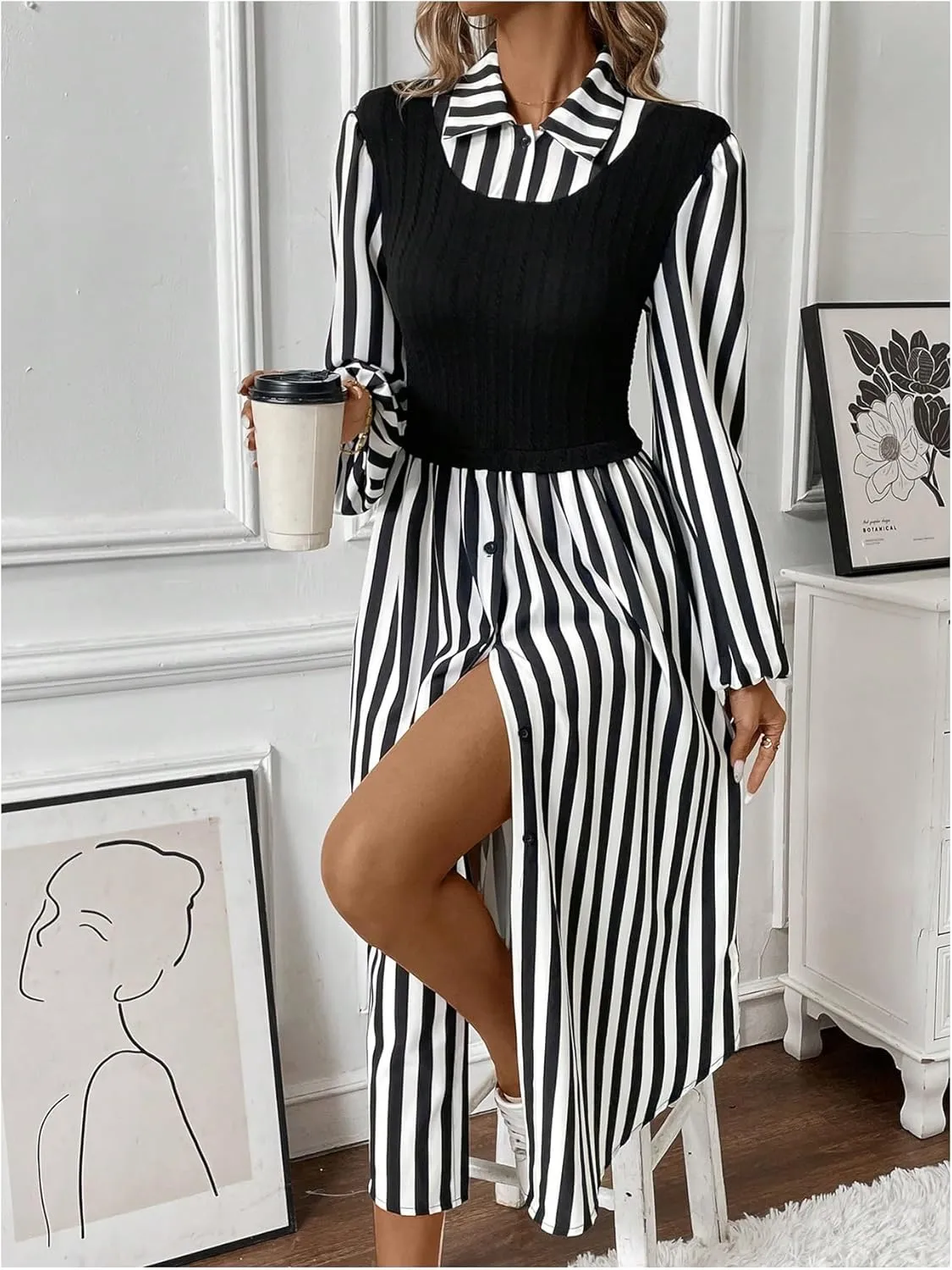 SOLY HUX Women's Button Down Striped Shirt Dress Long Sleeve Midi Dresses with Tank Top