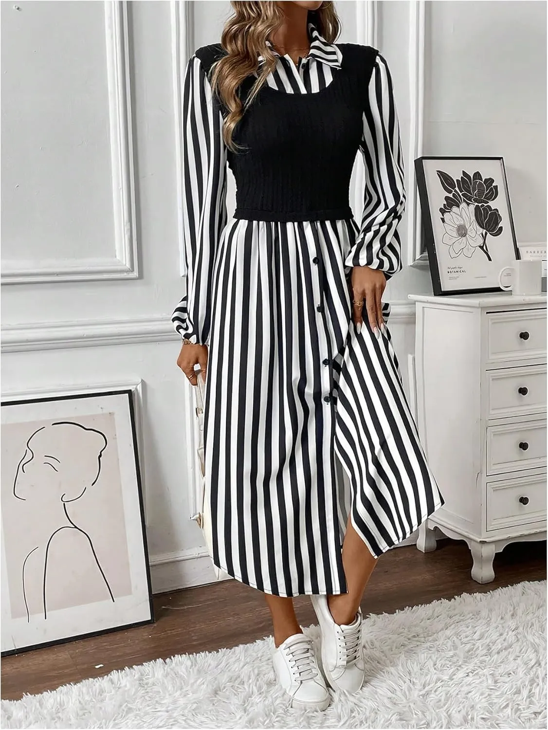 SOLY HUX Women's Button Down Striped Shirt Dress Long Sleeve Midi Dresses with Tank Top