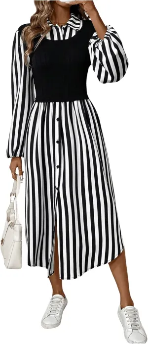 SOLY HUX Women's Button Down Striped Shirt Dress Long Sleeve Midi Dresses with Tank Top