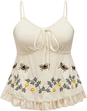SOLY HUX Women's Floral Embroidery Cami Tops Tie Front Ruffle Hem Summer Camisole