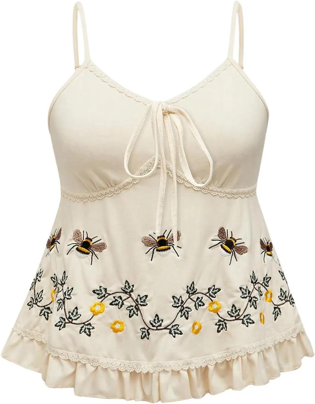 SOLY HUX Women's Floral Embroidery Cami Tops Tie Front Ruffle Hem Summer Camisole