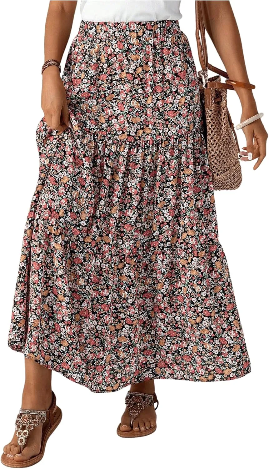 SOLY HUX Women's Floral Print Skirt High Waisted A Line Ruffle Hem Flowy Summer Long Skirts