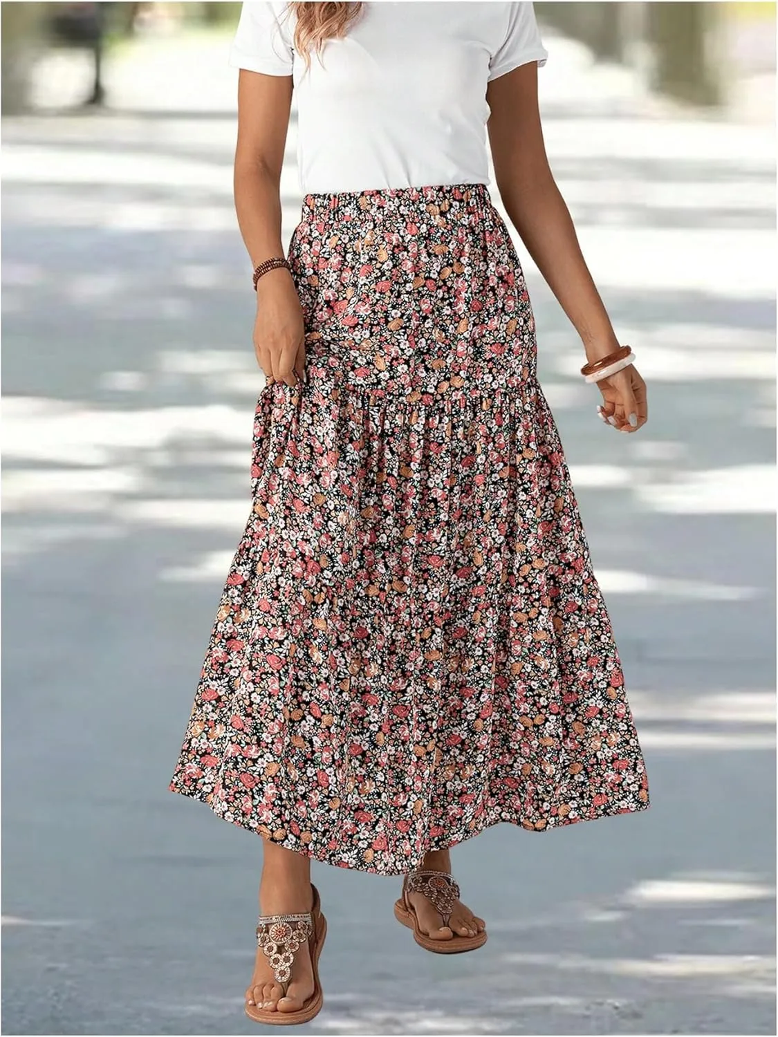 SOLY HUX Women's Floral Print Skirt High Waisted A Line Ruffle Hem Flowy Summer Long Skirts