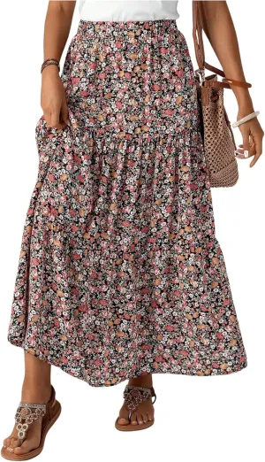 SOLY HUX Women's Floral Print Skirt High Waisted A Line Ruffle Hem Flowy Summer Long Skirts