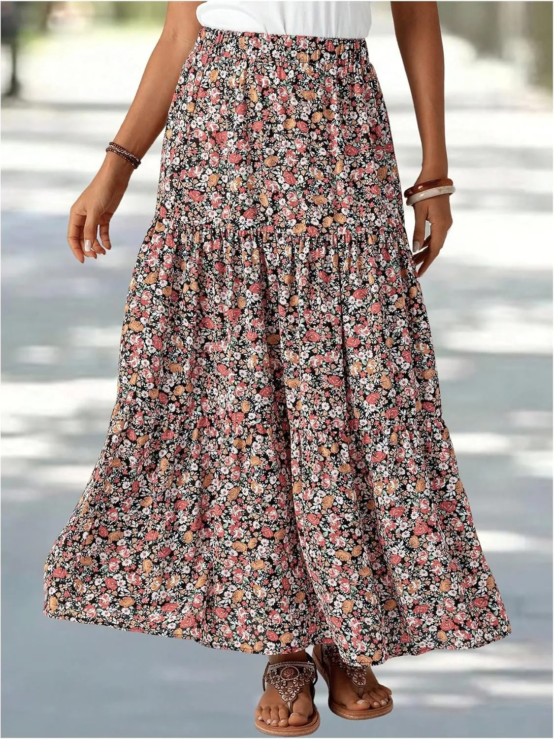 SOLY HUX Women's Floral Print Skirt High Waisted A Line Ruffle Hem Flowy Summer Long Skirts
