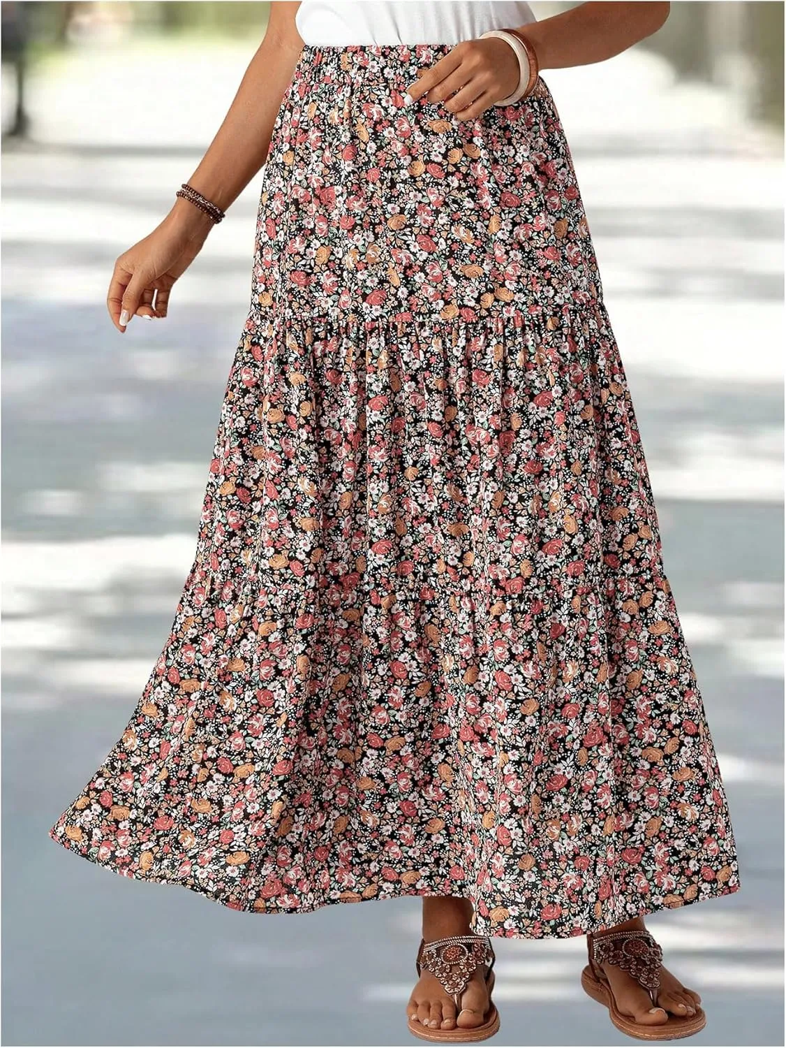 SOLY HUX Women's Floral Print Skirt High Waisted A Line Ruffle Hem Flowy Summer Long Skirts