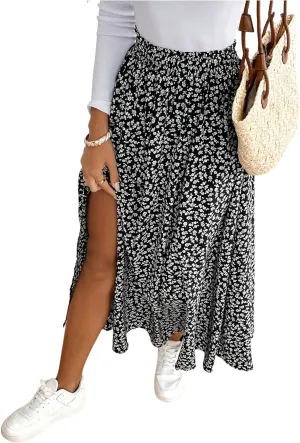 SOLY HUX Women's Floral Print Skirt High Waisted Split A Line Flowy Casual Summer Long Skirts