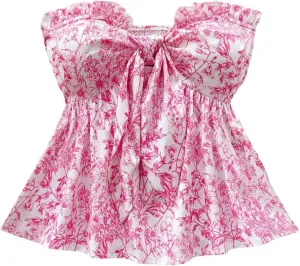 SOLY HUX Women's Floral Print Tie Front Tube Top Strapless Sleeveless Ruffle Hem Summer Bandeau Tops