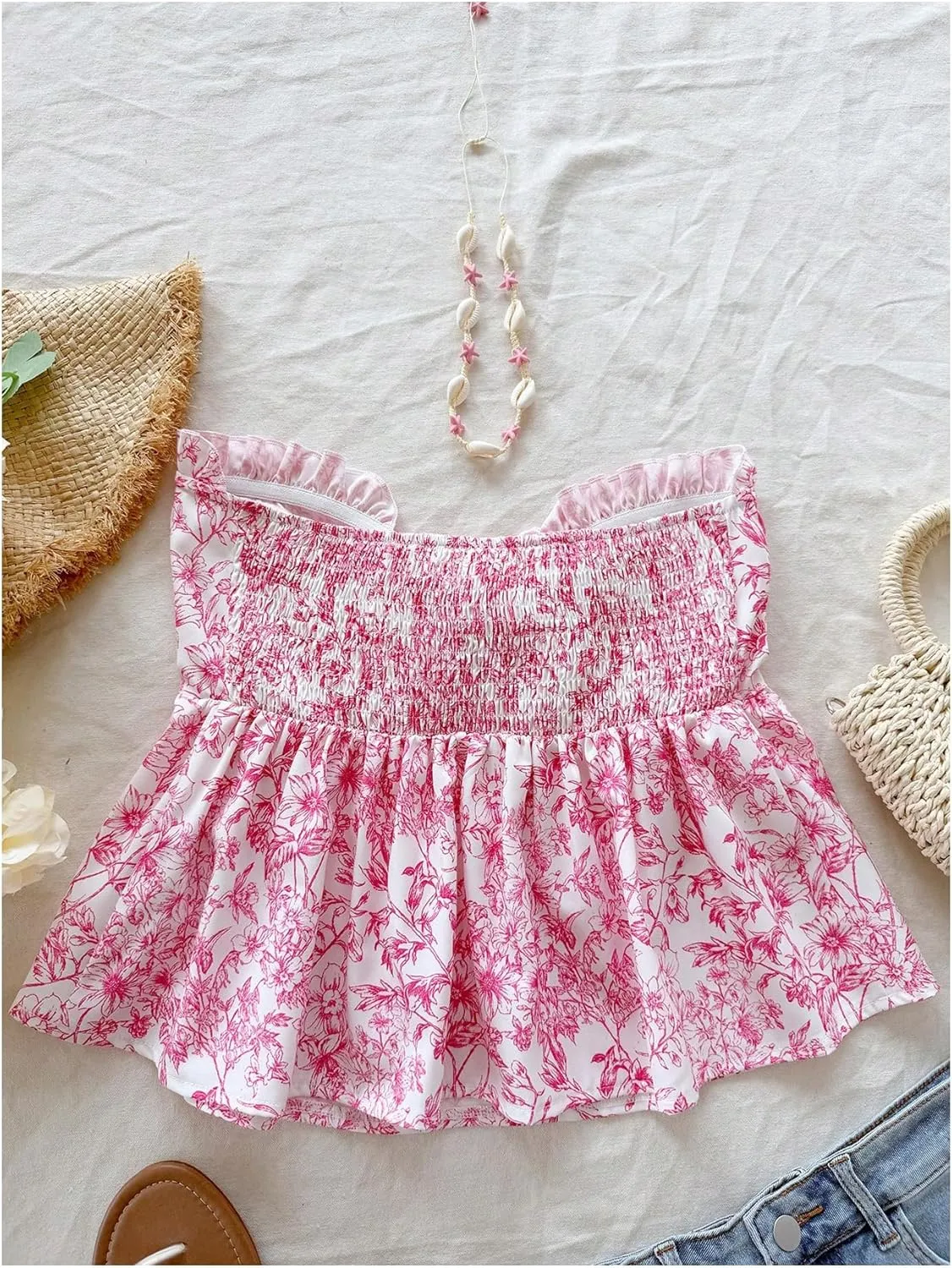SOLY HUX Women's Floral Print Tie Front Tube Top Strapless Sleeveless Ruffle Hem Summer Bandeau Tops