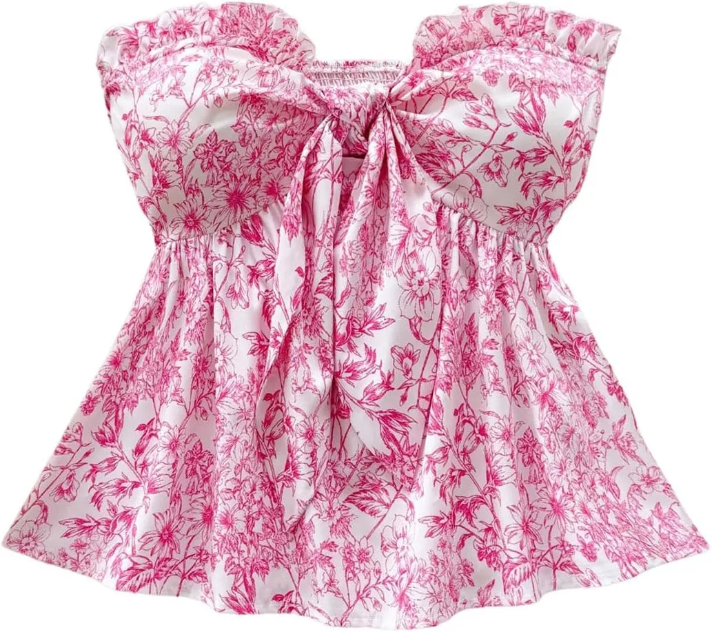 SOLY HUX Women's Floral Print Tie Front Tube Top Strapless Sleeveless Ruffle Hem Summer Bandeau Tops