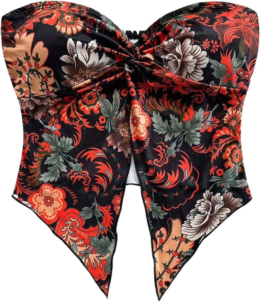 SOLY HUX Women's Floral Print Tube Top Twist Split Strapless Sleeveless Asymmetrical Hem Summer Vacation Crop Tops