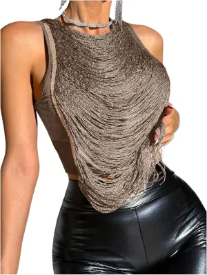 SOLY HUX Women's Fringe Trim Crop Tank Top Sleeveless Crew Neck Going Out Party Tops