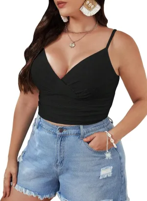 SOLY HUX Women's Plus Size Cami Crop Top V Neck Wrap Spaghetti Strap Eyelet Embroidery Tops