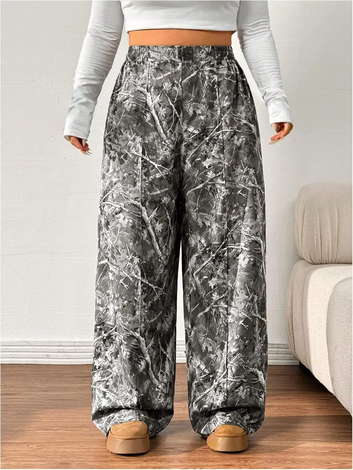 SOLY HUX Women's Plus Size Camo Pants High Waisted Wide Leg Casual Baggy Sweatpants Streewear