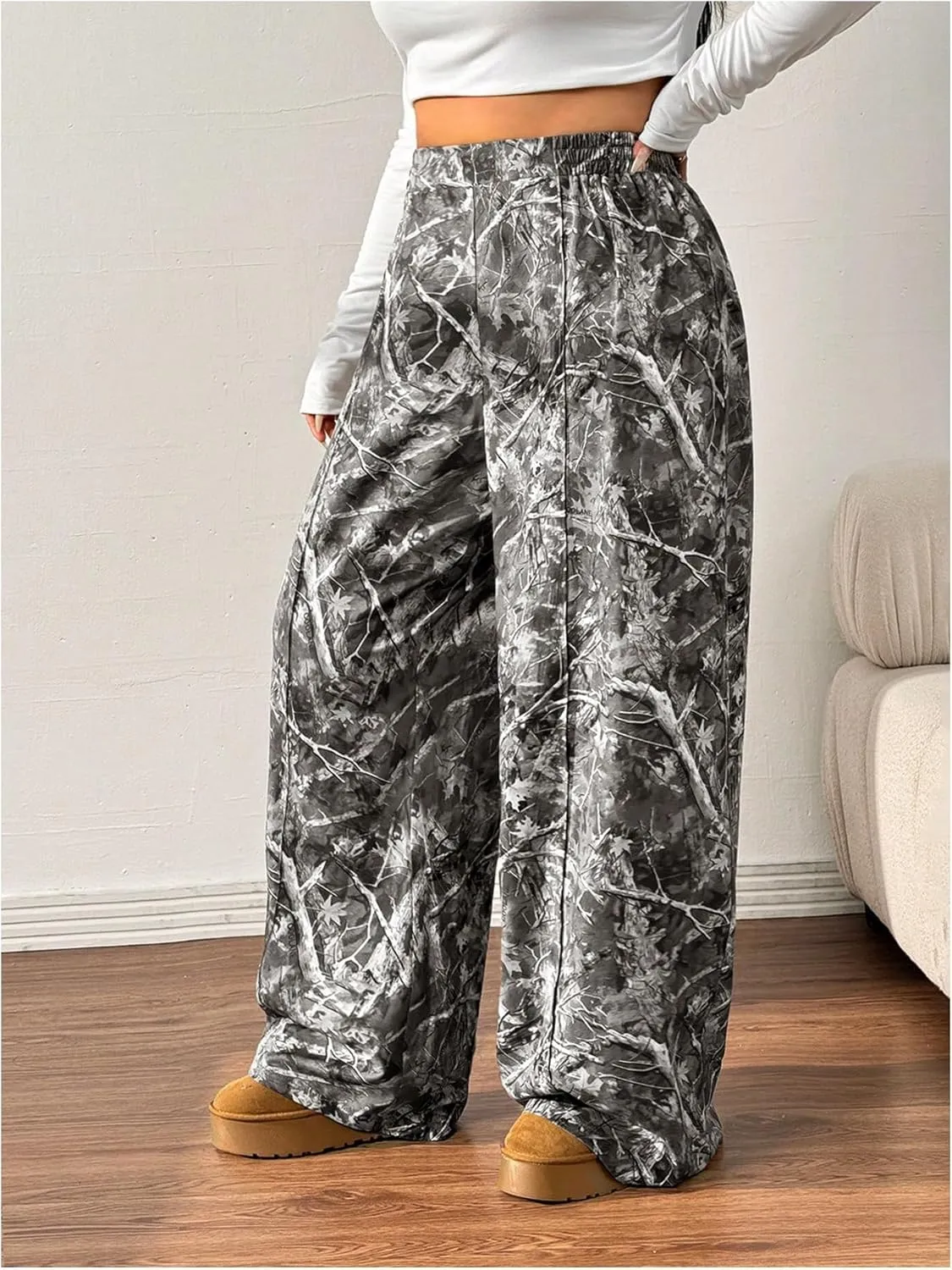 SOLY HUX Women's Plus Size Camo Pants High Waisted Wide Leg Casual Baggy Sweatpants Streewear