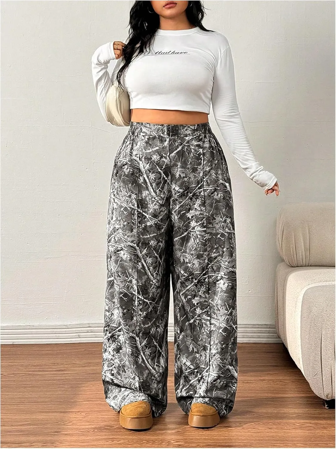 SOLY HUX Women's Plus Size Camo Pants High Waisted Wide Leg Casual Baggy Sweatpants Streewear