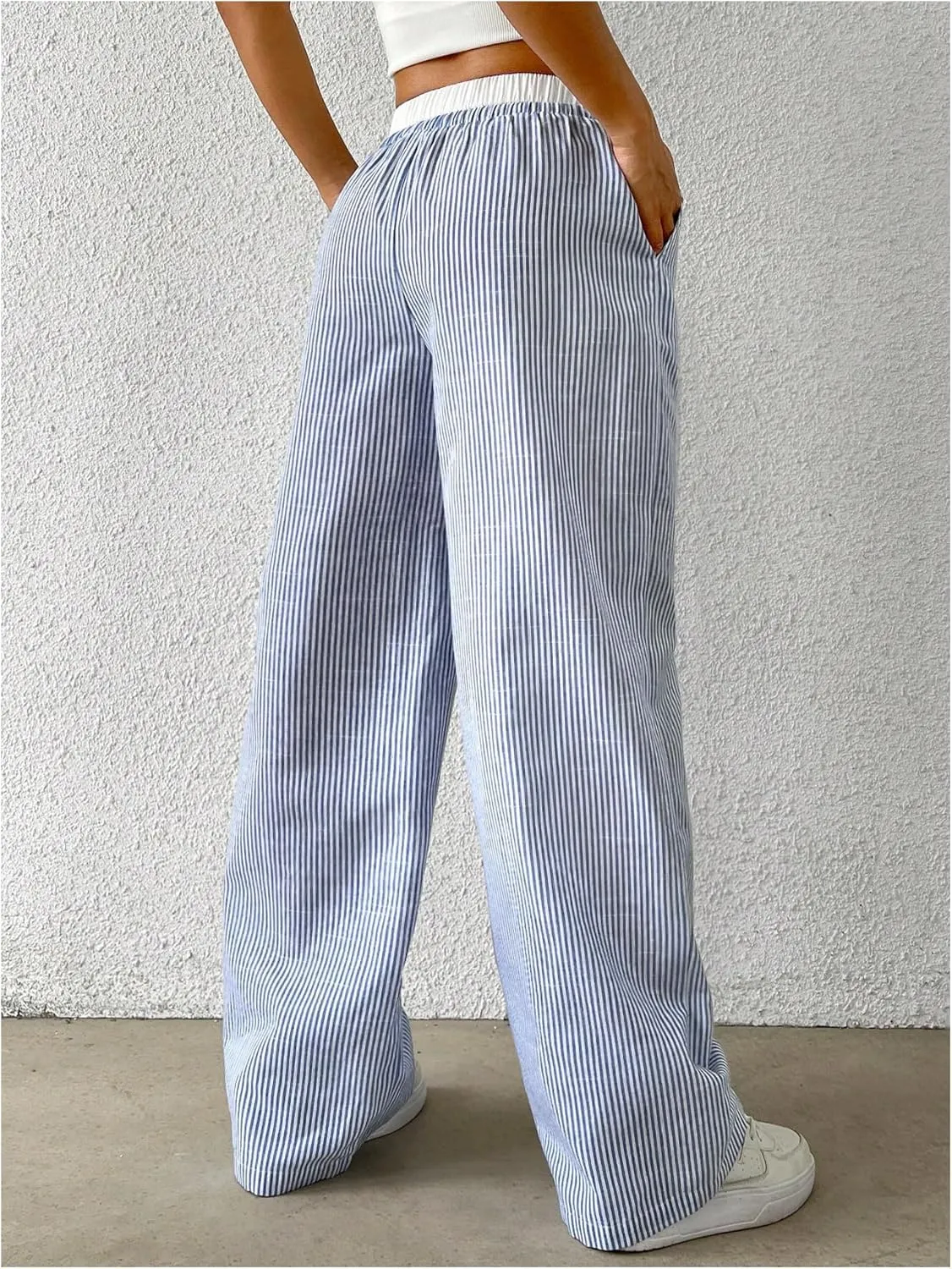 SOLY HUX Women's Striped Wide Leg Pants Drawstring High Waisted Baggy Casual Long Pants