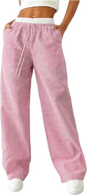 SOLY HUX Women's Striped Wide Leg Pants Drawstring High Waisted Baggy Casual Long Pants