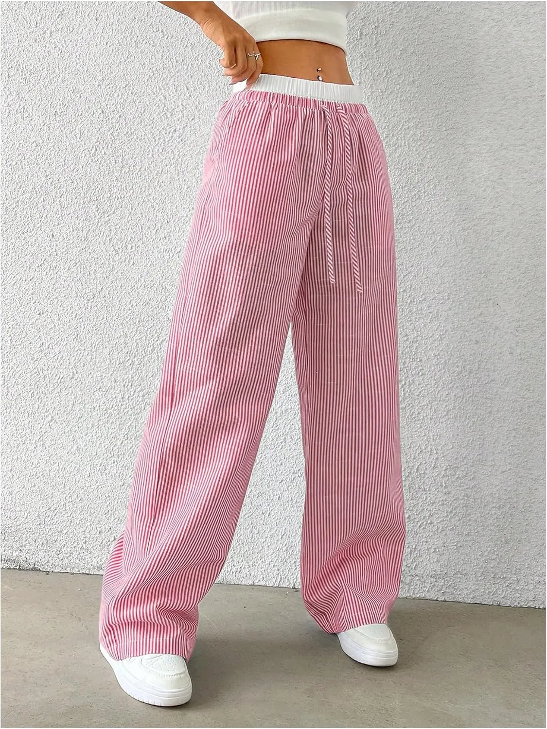 SOLY HUX Women's Striped Wide Leg Pants Drawstring High Waisted Baggy Casual Long Pants