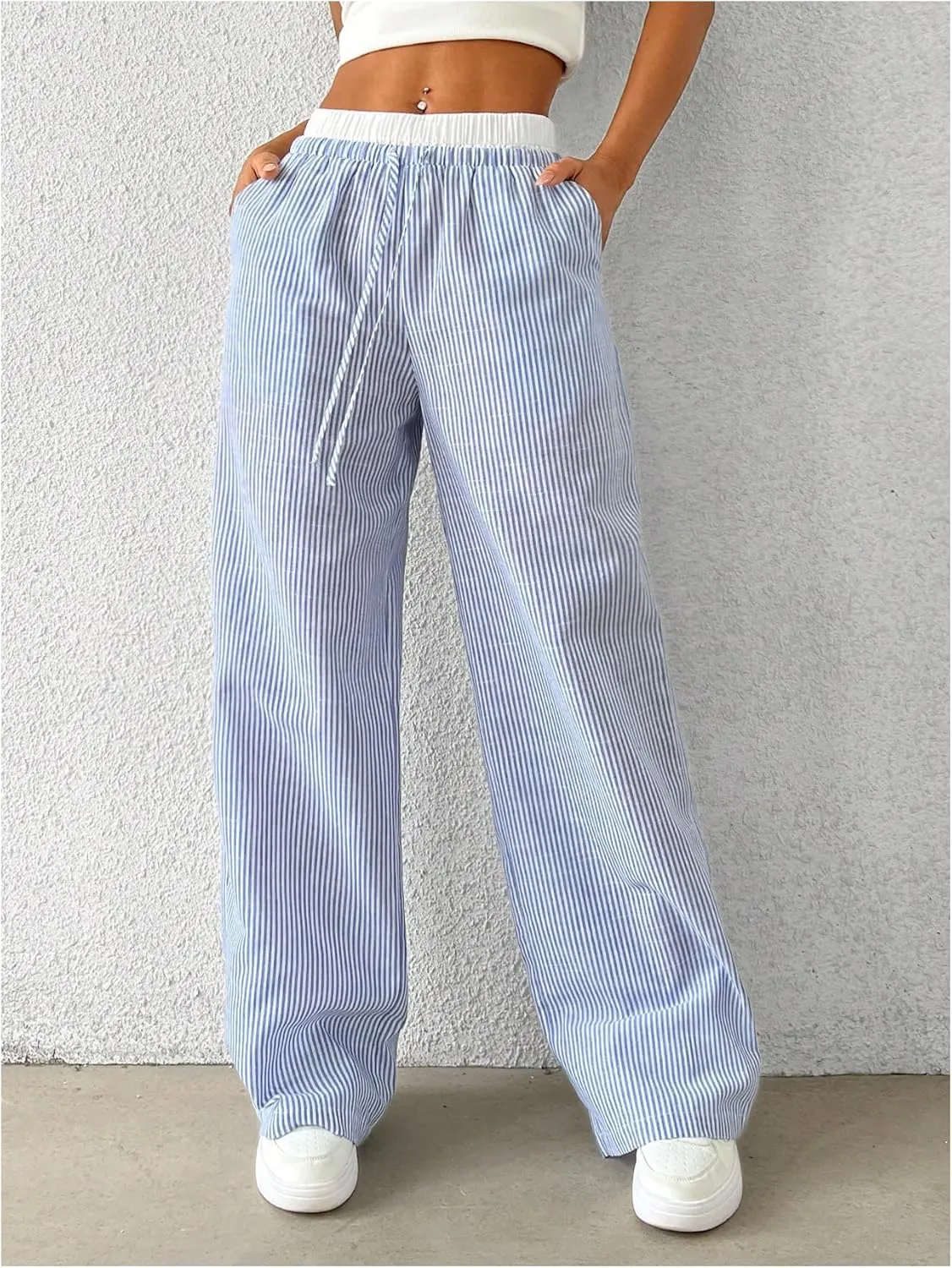 SOLY HUX Women's Striped Wide Leg Pants Drawstring High Waisted Baggy Casual Long Pants