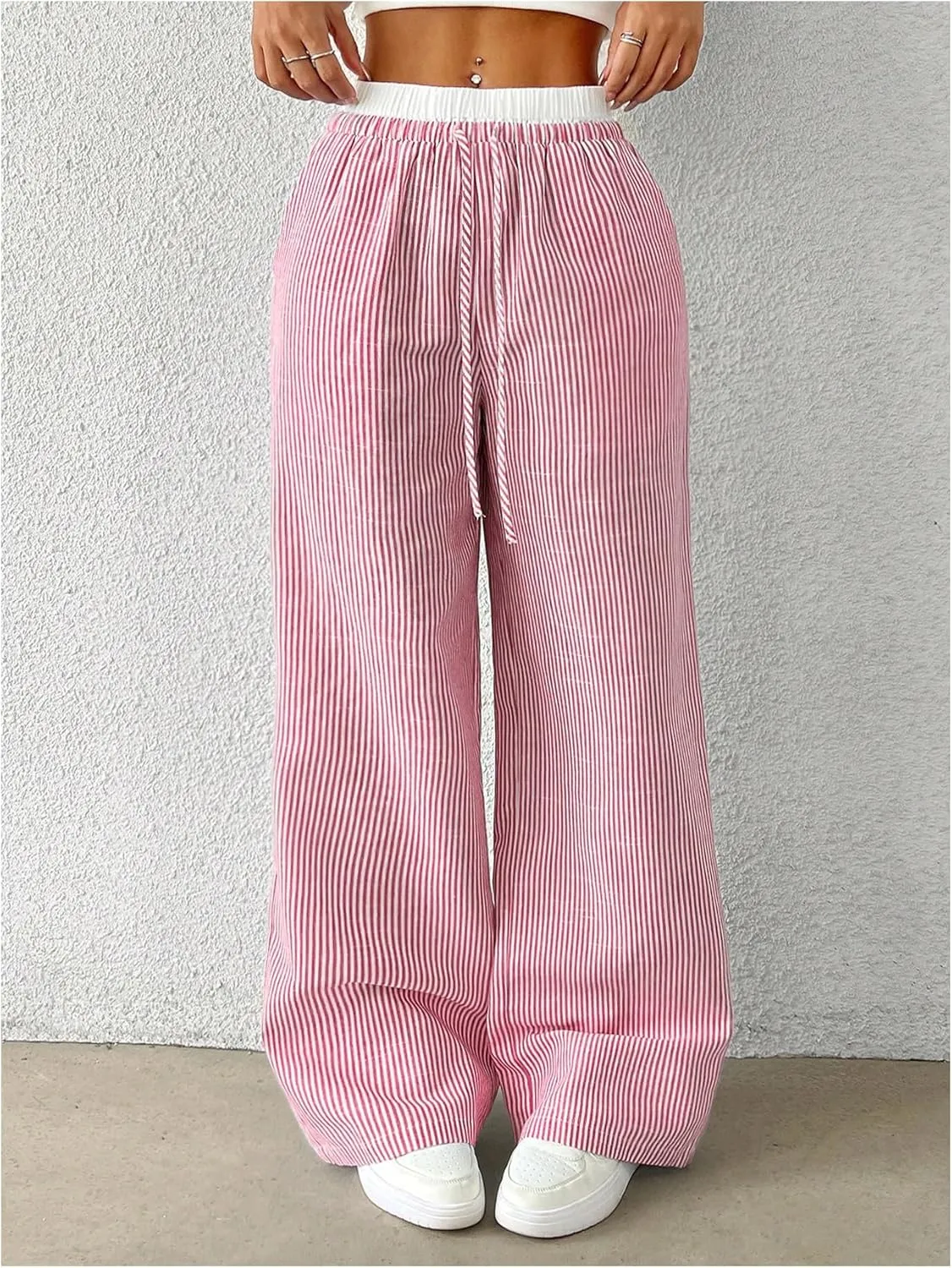 SOLY HUX Women's Striped Wide Leg Pants Drawstring High Waisted Baggy Casual Long Pants