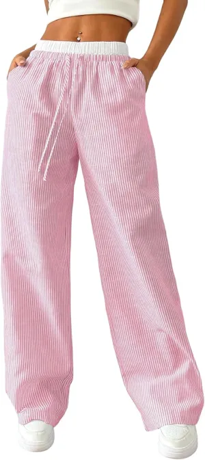 SOLY HUX Women's Striped Wide Leg Pants Drawstring High Waisted Baggy Casual Long Pants