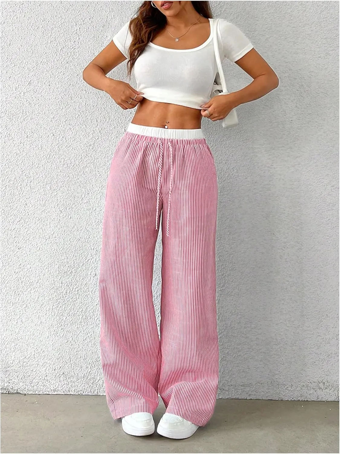 SOLY HUX Women's Striped Wide Leg Pants Drawstring High Waisted Baggy Casual Long Pants