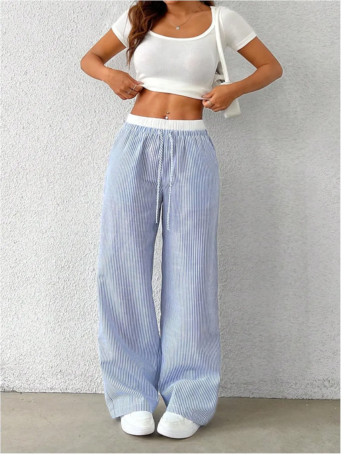 SOLY HUX Women's Striped Wide Leg Pants Drawstring High Waisted Baggy Casual Long Pants