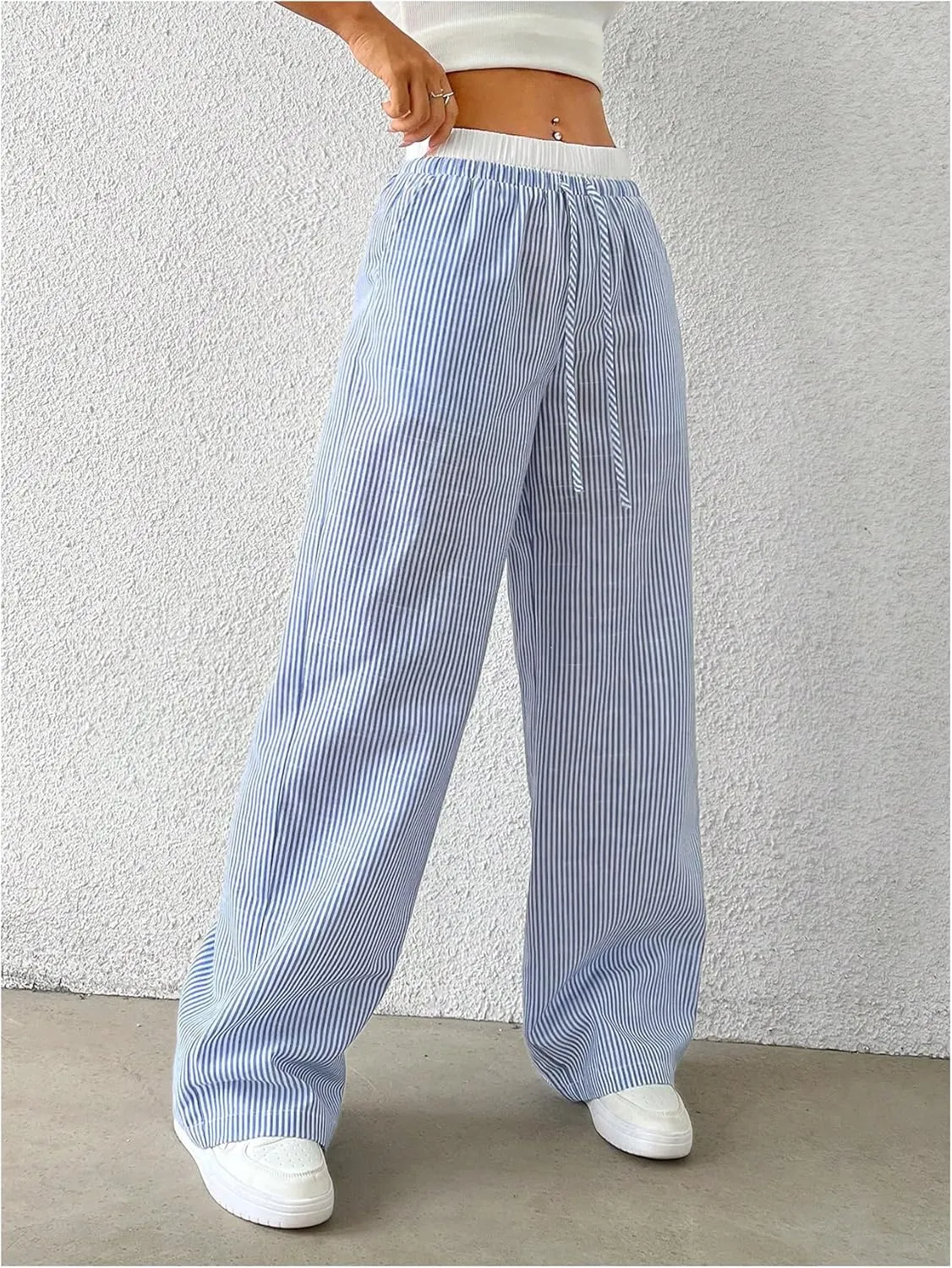 SOLY HUX Women's Striped Wide Leg Pants Drawstring High Waisted Baggy Casual Long Pants