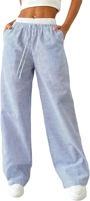 SOLY HUX Women's Striped Wide Leg Pants Drawstring High Waisted Baggy Casual Long Pants