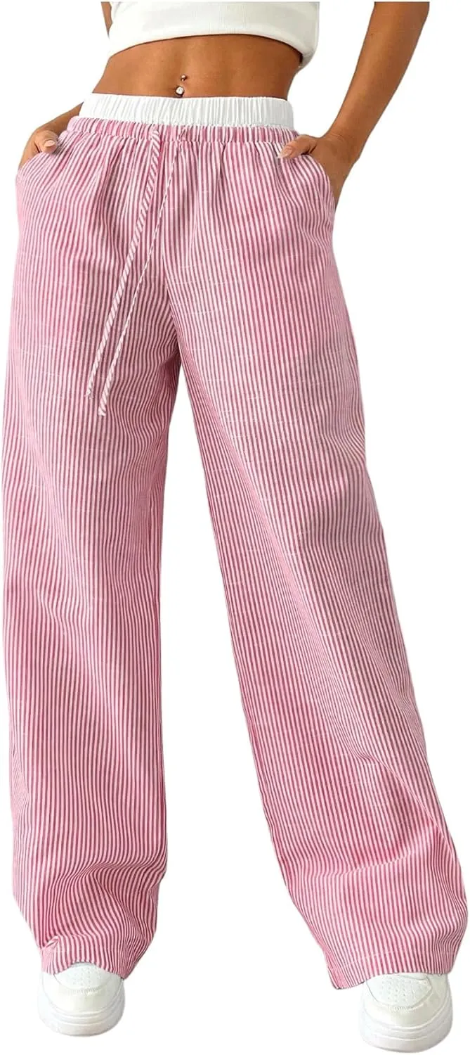 SOLY HUX Women's Striped Wide Leg Pants Drawstring High Waisted Baggy Casual Long Pants