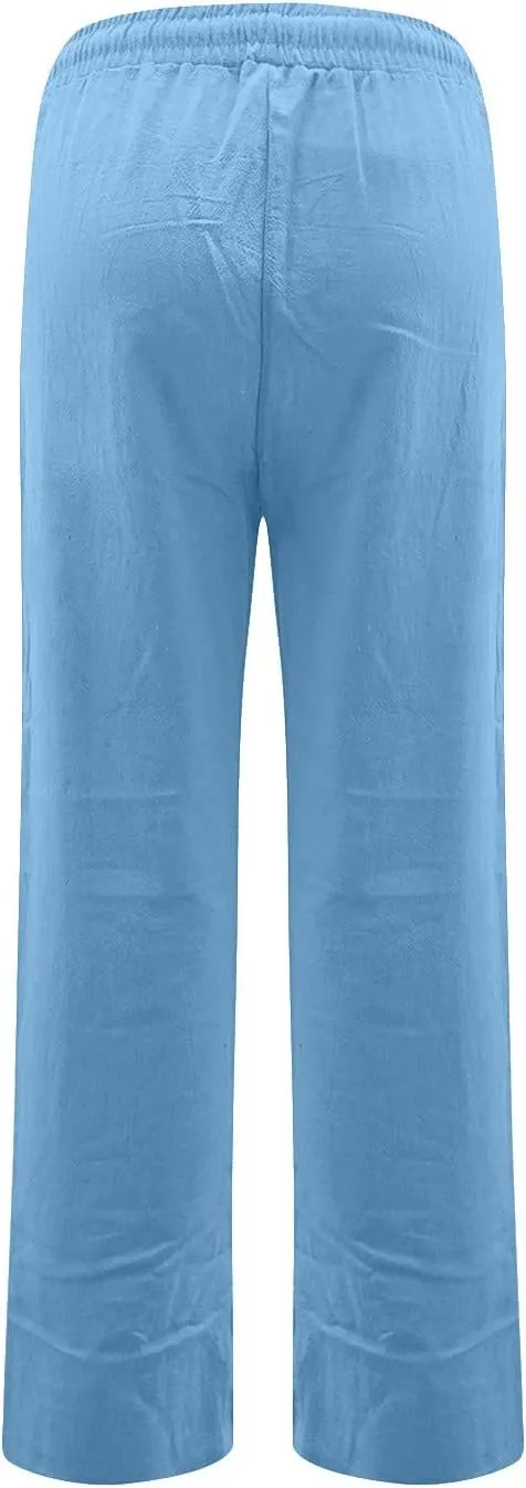 Straight Leg Linen Pants for Women,Summer Wide Leg Lounge Pants with Pockets,Drawstring High Waisted Casual Pants