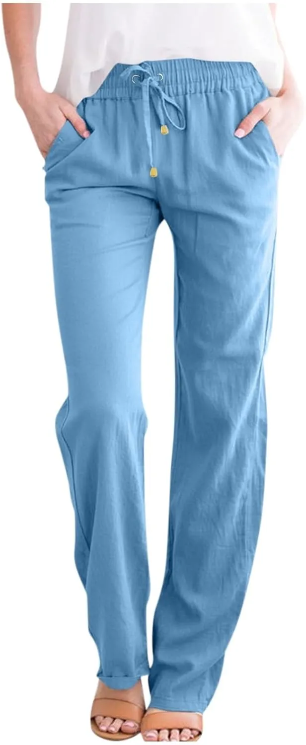 Straight Leg Linen Pants for Women,Summer Wide Leg Lounge Pants with Pockets,Drawstring High Waisted Casual Pants