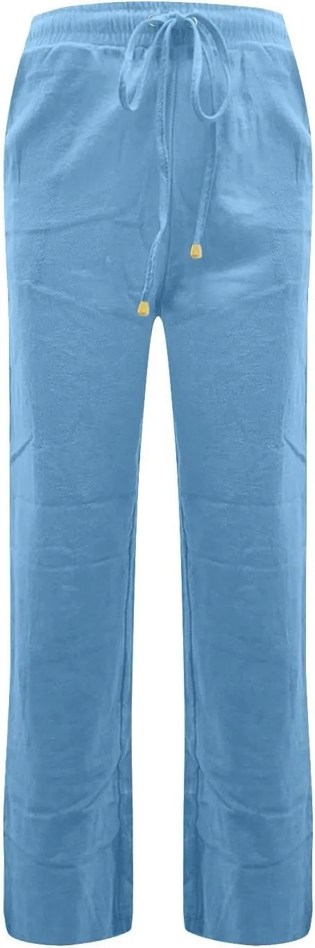 Straight Leg Linen Pants for Women,Summer Wide Leg Lounge Pants with Pockets,Drawstring High Waisted Casual Pants